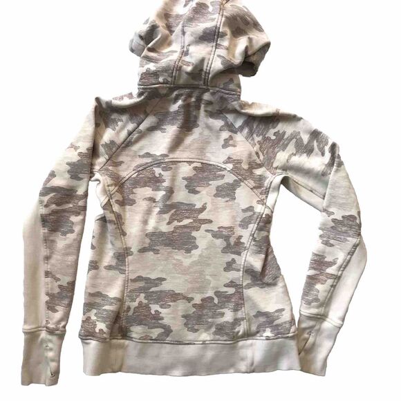 Athleta Triumph Hoodie Women Small Beige Gray Camo Thumbholes Jacket Heavy EUC - Picture 8 of 15
